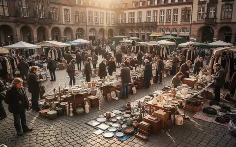 Menschen beim Stöbern an Verkaufsständen auf einem belebten Flohmarkt in einer historischen Altstadt. - Foto: über boerse-global.de