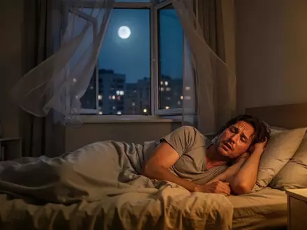 Eine unruhige Person liegt in einem nächtlich beleuchteten Schlafzimmer während einer heißen Sommernacht. - Foto: über boerse-global.de
