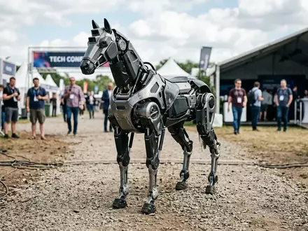 Ein technologisch fortschrittliches, vierbeiniges Roboterpferd auf einem Kiesweg in einem Testgelände. - Foto: über boerse-global.de