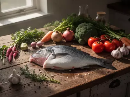 Nahaufnahme von frischen, rohen Lebensmitteln wie Fisch und Gemüse auf einer rustikalen Holzküche bei natürlichem Licht. - Foto: über boerse-global.de