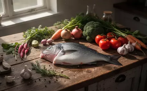Nahaufnahme von frischen, rohen Lebensmitteln wie Fisch und Gemüse auf einer rustikalen Holzküche bei natürlichem Licht. - Foto: über boerse-global.de