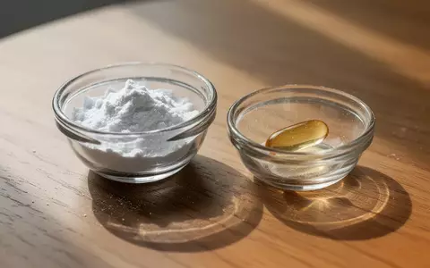 Nahaufnahme von Magnesiumpulver in einer kleinen Glasschale und einer Vitamin-D-Kapsel auf einem Holztisch bei Tageslicht. - Foto: über boerse-global.de
