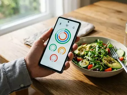 Eine Person hält ein Smartphone mit einer Gesundheits-App zur Fastenüberwachung, im Hintergrund stehen ein gesunder Salat und ein Glas Wasser auf einem Holztisch. - Foto: über boerse-global.de