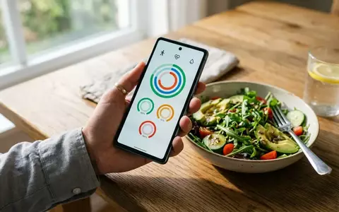 Eine Person hält ein Smartphone mit einer Gesundheits-App zur Fastenüberwachung, im Hintergrund stehen ein gesunder Salat und ein Glas Wasser auf einem Holztisch. - Foto: über boerse-global.de