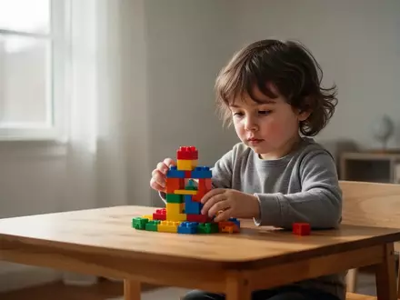 Ein Kind konzentriert sich in einer hellen, ruhigen Umgebung beim Spielen mit Bauklötzen an einem Schreibtisch. - Foto: über boerse-global.de