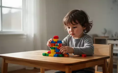 Ein Kind konzentriert sich in einer hellen, ruhigen Umgebung beim Spielen mit Bauklötzen an einem Schreibtisch. - Foto: über boerse-global.de