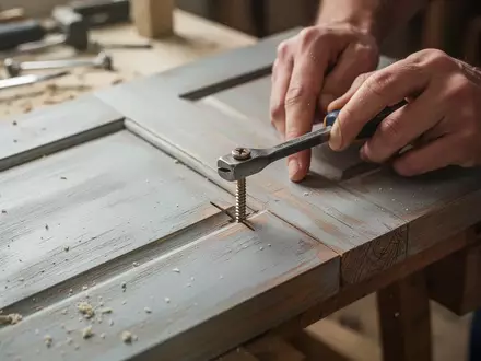 Hand eines Handwerkers, die mit einem Schlitzschraubendreher eine Schlitzschraube in einem lackierten Holzbauteil festzieht. - Foto: über boerse-global.de