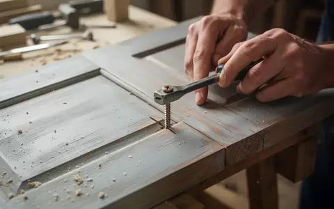 Hand eines Handwerkers, die mit einem Schlitzschraubendreher eine Schlitzschraube in einem lackierten Holzbauteil festzieht. - Foto: über boerse-global.de