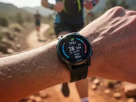Eine hochwertige Garmin-Smartwatch am Handgelenk eines Läufers während eines Outdoor-Trainings bei Tageslicht. - Foto: über boerse-global.de