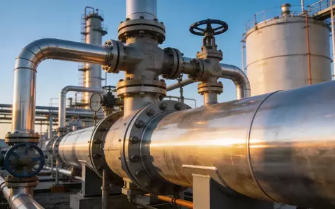 Industrielle Wasserstoffanlage mit glänzenden Stahlrohren und Tanks bei Sonnenaufgang. - Foto: über boerse-global.de