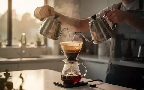 Ein Barista bereitet Filterkaffee mit einem Handfilter und einer Kanne in einer hellen, modernen Küche zu. - Foto: über boerse-global.de