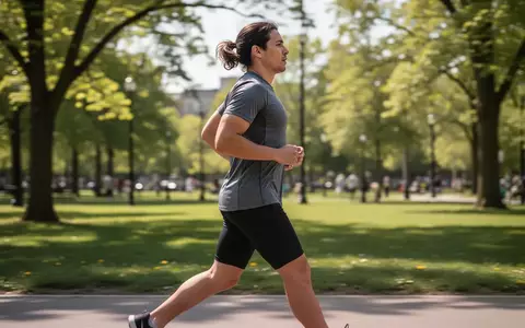 Eine Person beim zügigen Gehen in einem sonnigen Park als einfaches Maß für die körperliche Fitness. - Foto: über boerse-global.de