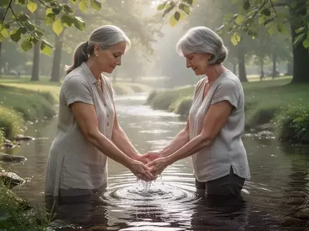 Eine Frau wäscht sich in einem ruhigen Bachlauf die Hände, umgeben von einer natürlichen, friedlichen Parklandschaft. - Foto: über boerse-global.de