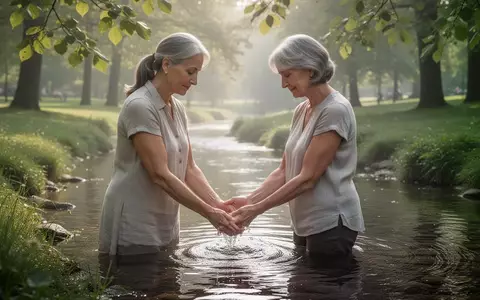 Eine Frau wĂ€scht sich in einem ruhigen Bachlauf die HĂ€nde, umgeben von einer natĂŒrlichen, friedlichen Parklandschaft. - Foto: ĂŒber boerse-global.de