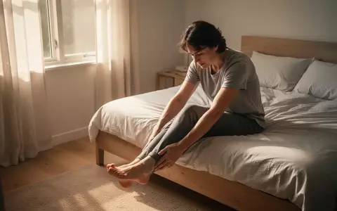 Eine Person sitzt am frühen Morgen auf der Bettkante und führt sanfte Dehnübungen für die Beine und Gelenke aus. - Foto: über boerse-global.de