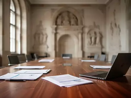 Ein Konferenztisch in einem Schloss mit Dokumenten und Laptop, symbolisch für politische Reformberatungen. - Foto: über boerse-global.de