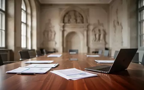 Ein Konferenztisch in einem Schloss mit Dokumenten und Laptop, symbolisch für politische Reformberatungen. - Foto: über boerse-global.de