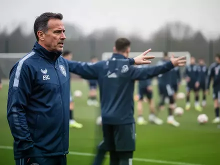Ein Fußballtrainer bei einer Trainingseinheit auf dem Spielfeld während einer taktischen Besprechung. - Foto: über boerse-global.de
