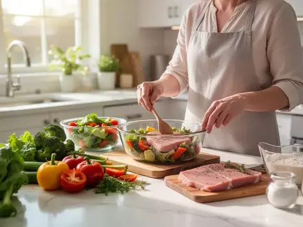 Eine Person bereitet in einer hellen, modernen Küche eine gesunde Mahlzeit aus frischem Gemüse und Proteinen zu. - Foto: über boerse-global.de