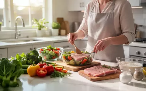 Eine Person bereitet in einer hellen, modernen Küche eine gesunde Mahlzeit aus frischem Gemüse und Proteinen zu. - Foto: über boerse-global.de