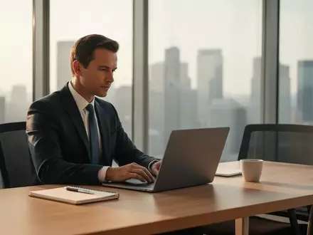 Eine konzentrierte Führungskraft arbeitet in einem modernen, minimalistischen Büro an einem Laptop. - Foto: über boerse-global.de