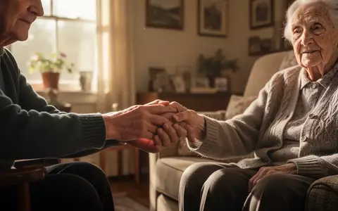 Eine pflegende Person hält sanft die Hand eines älteren Angehörigen in einem hellen, wohnlichen Zimmer. - Foto: über boerse-global.de