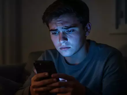 Eine nachdenklich wirkende junge Person blickt in einem abgedunkelten Raum auf den Bildschirm ihres Smartphones. - Foto: über boerse-global.de