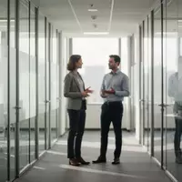Zwei Personen im Gespräch in einem modernen, hellen Büroflur mit Glaswänden. - Foto: über boerse-global.de