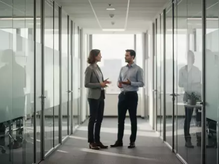 Zwei Personen im Gespräch in einem modernen, hellen Büroflur mit Glaswänden. - Foto: über boerse-global.de