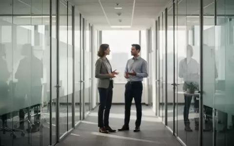 Zwei Personen im Gespräch in einem modernen, hellen Büroflur mit Glaswänden. - Foto: über boerse-global.de