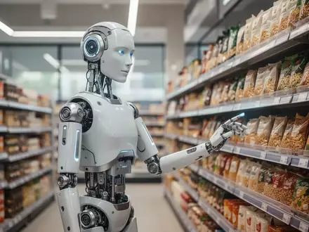Ein humanoider Roboter in einem modern beleuchteten Supermarktgang, der Waren in den Regalen sortiert. - Foto: über boerse-global.de