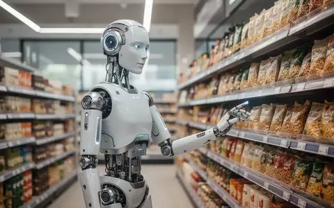 Ein humanoider Roboter in einem modern beleuchteten Supermarktgang, der Waren in den Regalen sortiert. - Foto: über boerse-global.de