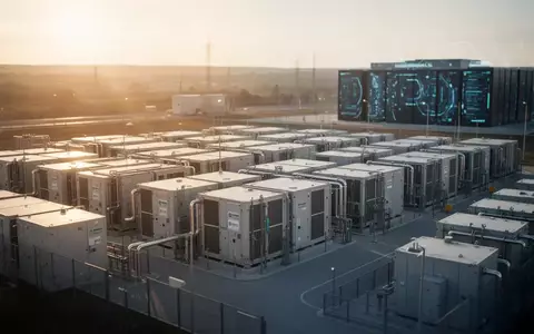 Moderne Wasserstoff-Brennstoffzellen-Anlage zur Energieversorgung eines großen Rechenzentrums bei Sonnenuntergang. - Foto: über boerse-global.de