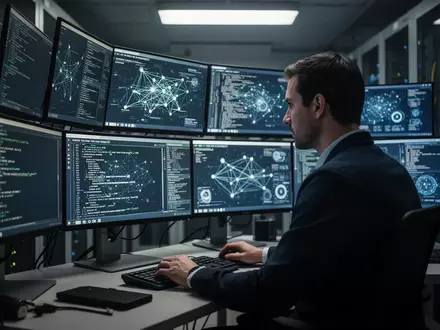 Ein IT-Sicherheitsexperte arbeitet in einem modern beleuchteten Serverraum an der Absicherung komplexer Netzwerksysteme. - Foto: über boerse-global.de