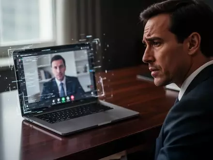 Ein besorgter Geschäftsmann blickt auf einen Laptop-Bildschirm, auf dem ein unscharfer Videoanruf mit digitalen Bildfehlern zu sehen ist. - Foto: über boerse-global.de