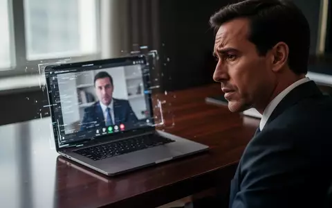 Ein besorgter Geschäftsmann blickt auf einen Laptop-Bildschirm, auf dem ein unscharfer Videoanruf mit digitalen Bildfehlern zu sehen ist. - Foto: über boerse-global.de