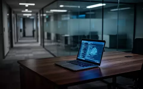Ein beleuchteter Laptop auf einem dunklen Büroschreibtisch in einer modernen, professionellen Arbeitsumgebung. - Foto: über boerse-global.de