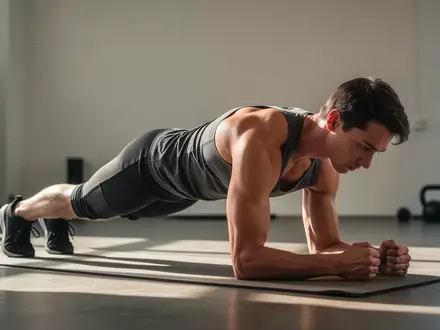 Eine Person führt konzentriert einen Unterarmstütz auf einer Fitnessmatte in einem hellen, minimalistischen Trainingsraum aus. - Foto: über boerse-global.de