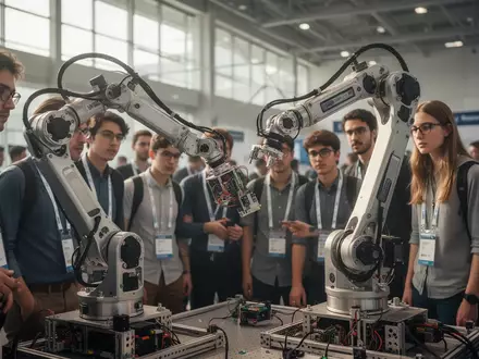 Forschende und Studierende betrachten einen modernen Roboterarm auf einer Fachkonferenz für Künstliche Intelligenz. - Foto: über boerse-global.de