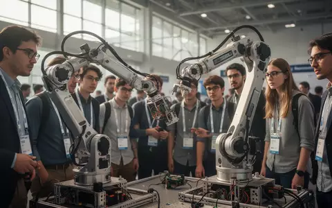 Forschende und Studierende betrachten einen modernen Roboterarm auf einer Fachkonferenz für Künstliche Intelligenz. - Foto: über boerse-global.de