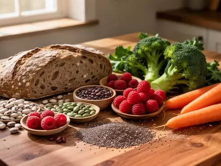 Eine Auswahl an ballaststoffreichen Lebensmitteln wie Vollkornbrot, Hülsenfrüchte und frisches Gemüse auf einem Holztisch. - Foto: über boerse-global.de