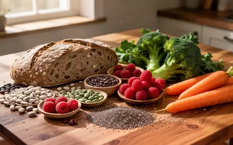 Eine Auswahl an ballaststoffreichen Lebensmitteln wie Vollkornbrot, Hülsenfrüchte und frisches Gemüse auf einem Holztisch. - Foto: über boerse-global.de