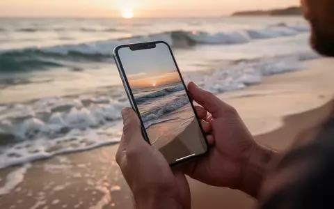 Eine Person hält ein modernes Smartphone am Strand, um bei Sonnenuntergang fließendes Wasser mit Langzeitbelichtung zu fotografieren. - Foto: über boerse-global.de