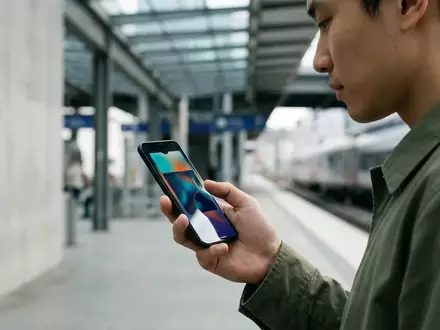 Eine Person hält ein Smartphone in einem Bahnhof, auf dessen Display ein farbenfrohes, digitales Ticket angezeigt wird. - Foto: über boerse-global.de