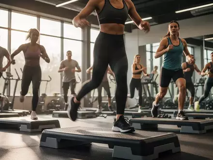 Eine Gruppe von Menschen beim Step-Aerobic-Training in einem hellen, modernen Fitnessstudio. - Foto: über boerse-global.de