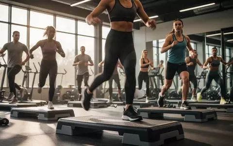Eine Gruppe von Menschen beim Step-Aerobic-Training in einem hellen, modernen Fitnessstudio. - Foto: ĂŒber boerse-global.de