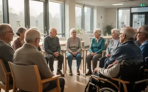 Eine diverse Gruppe von Menschen sitzt in einem hellen Gemeinschaftsraum im Kreis und führt ein unterstützendes Gespräch. - Foto: über boerse-global.de