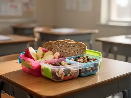Eine gesunde Pausenmahlzeit mit Obst und Nüssen auf einem Schultisch in einem hellen Klassenzimmer. - Foto: über boerse-global.de