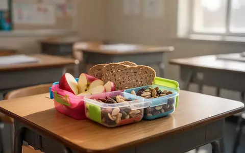 Eine gesunde Pausenmahlzeit mit Obst und Nüssen auf einem Schultisch in einem hellen Klassenzimmer. - Foto: über boerse-global.de