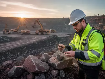Geologe untersucht Gesteinsproben auf einem Bergbaugelände bei Sonnenaufgang. - Foto: über boerse-global.de